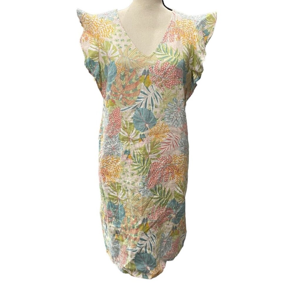 C&C CALIFORNIA Dress Floral 100% Linen Flutter Sleeves Lightweight Sz S Summer